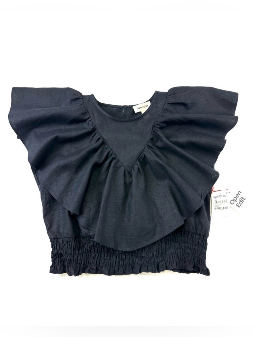 Open Edit NEW linen ruffle top Medium linen viscose black stretch waist summer